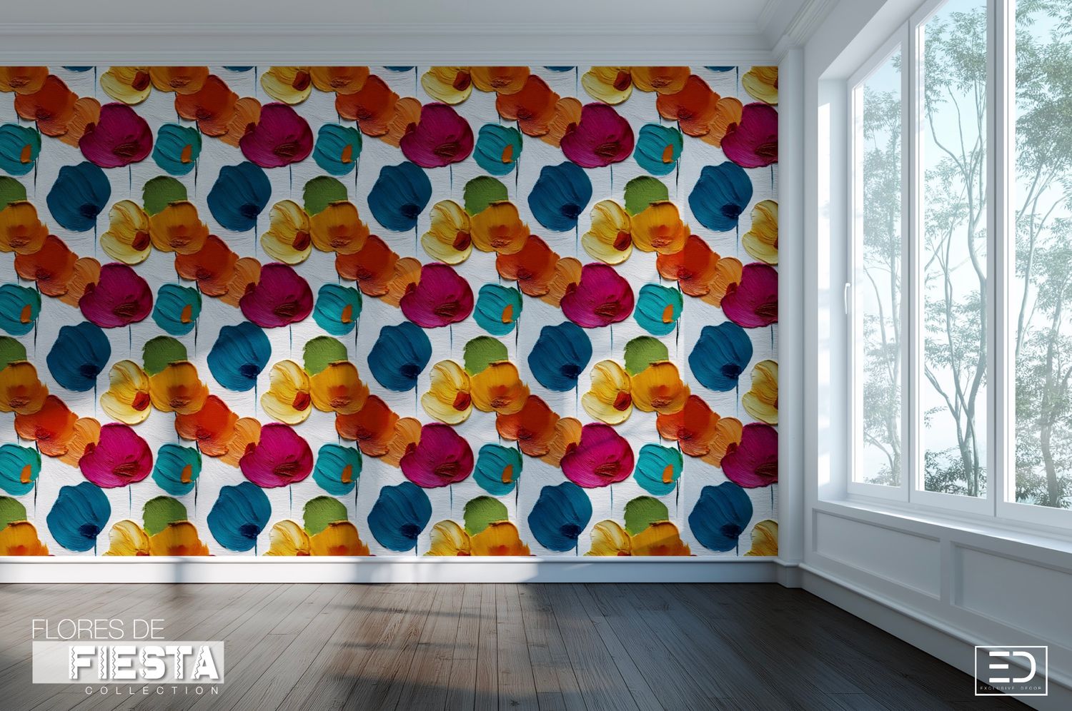 Flores Llenas Floral Wallpaper | Teal, Burnt Orange &amp; Magenta | Flores de Fiesta Collection