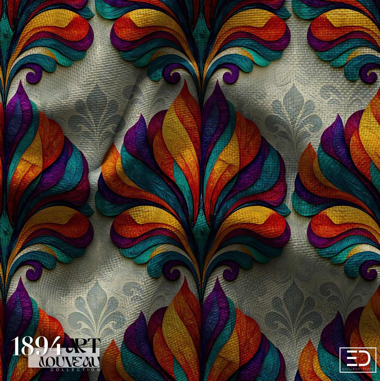 The Transept's Hidden Bloom Fabric | Teal, Amber &amp; Deep Purple | Cathedral Glass Collection