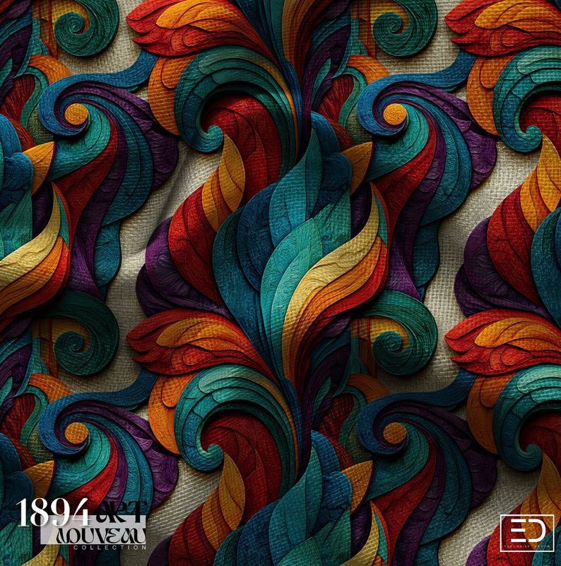 The Finial's Flame Fabric | Teal, Burnt Orange &amp; Deep Red | Cathedral Glass Collection