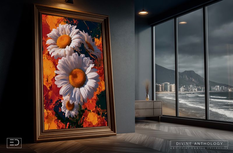 Daisies in the Firelight, White and Vermilion, Original Art Canvas Print