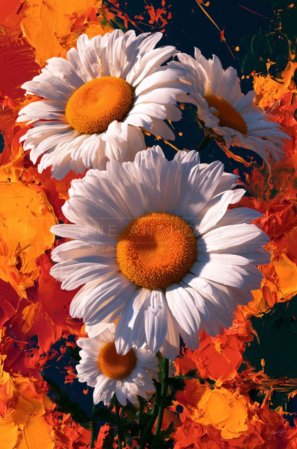 Daisies in the Firelight, White and Vermilion, Original Art Canvas Print
