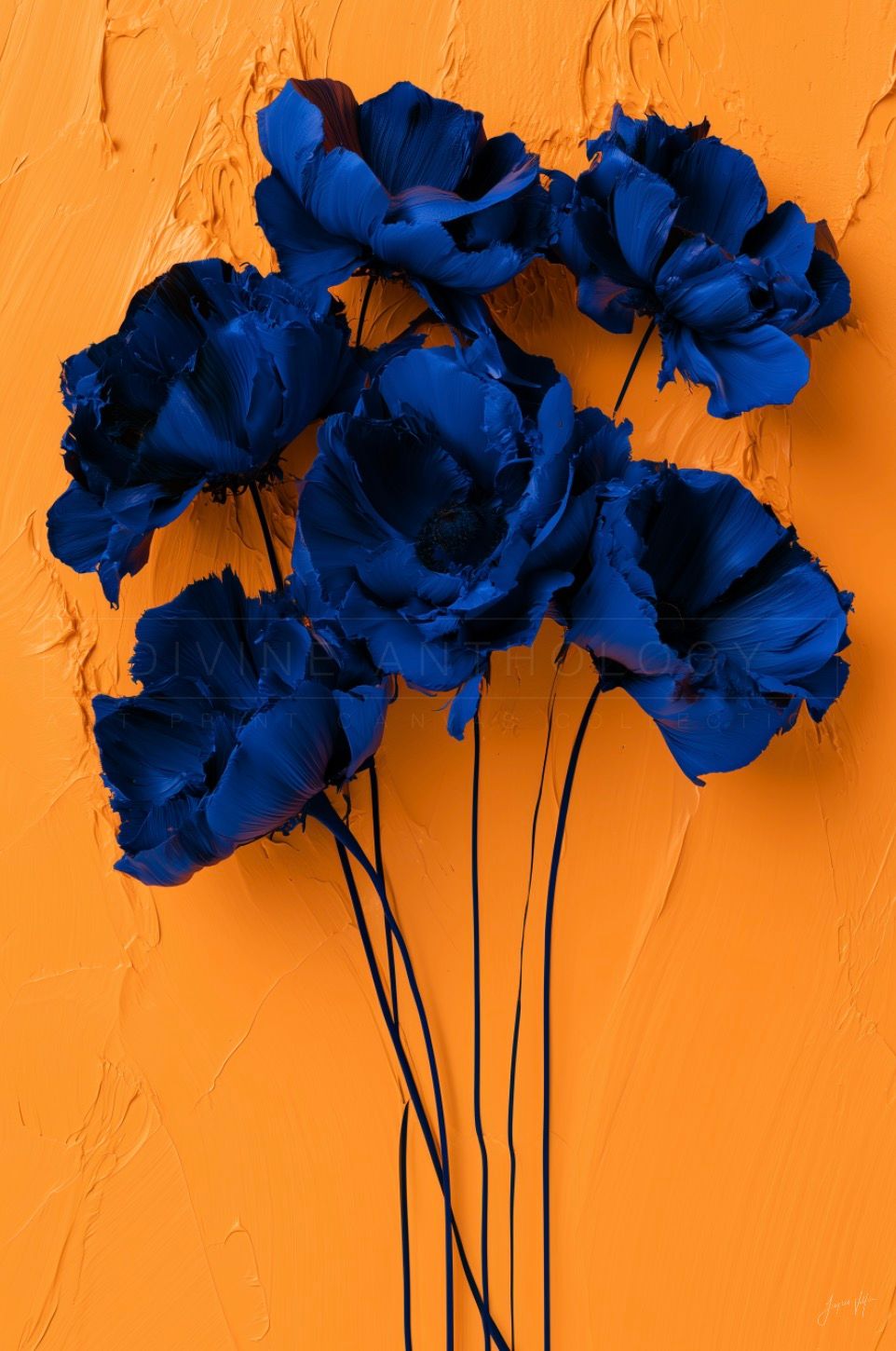 Poppies in Reverse, Cobalt on Ochre, Original Art Canvas Print