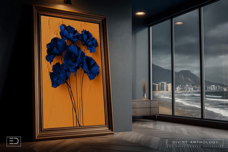 Poppies in Reverse, Cobalt on Ochre, Original Art Canvas Print