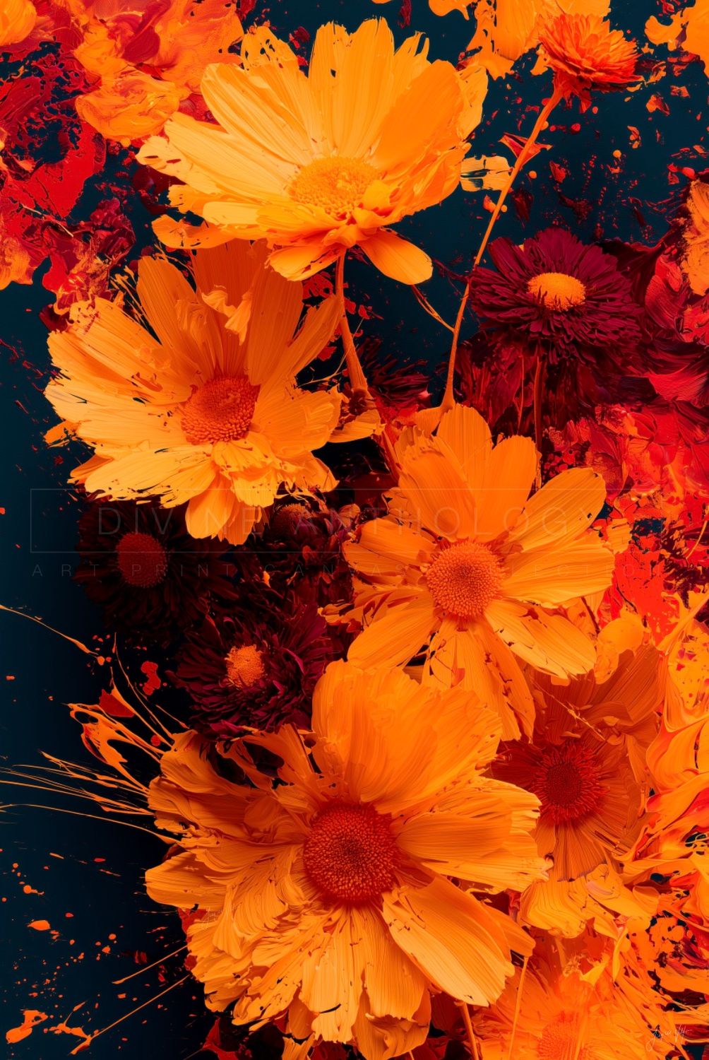 Marigolds in Full Voltage, Deep Ochre and Burgundy, Original Floral Art Canvas Print