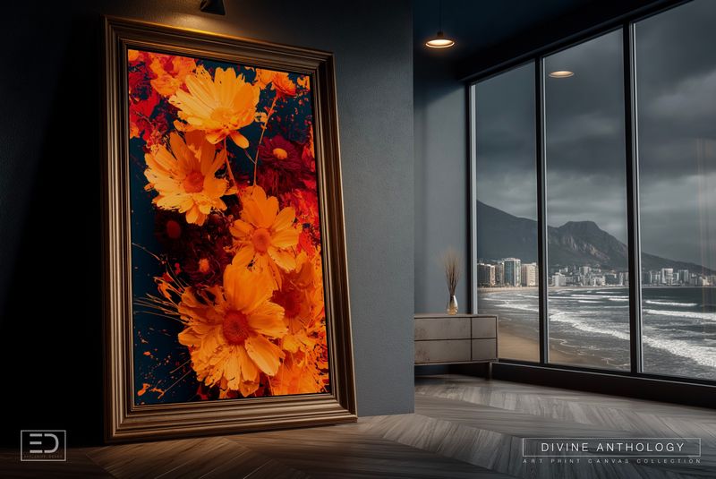 Marigolds in Full Voltage, Deep Ochre and Burgundy, Original Floral Art Canvas Print