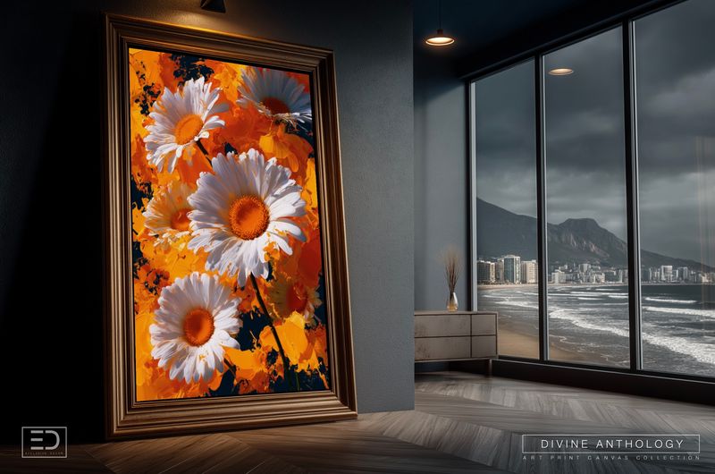 Daisies at Full Blaze, White on Burnished Brass, Original Art Canvas Print