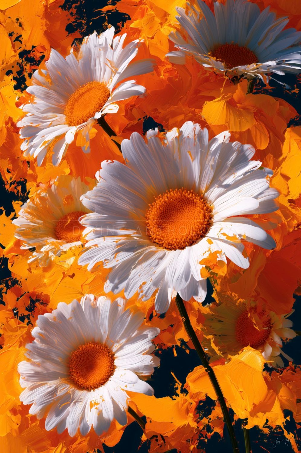 Daisies at Full Blaze, White on Burnished Brass, Original Art Canvas Print