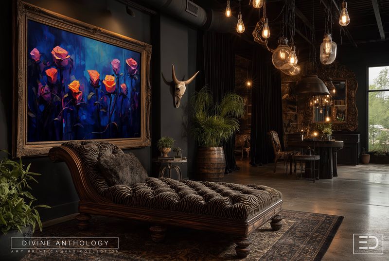 Roses Lit From Within, Amber and Deep Blue, Original Art Canvas Print