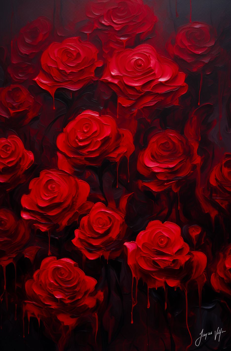 Roses in Full Bloom, Deep Red and Oxblood, Original Art Canvas Print