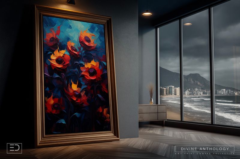 Sunflowers at Blue Hour, Vermilion and Deep Teal, Original Art Canvas Print