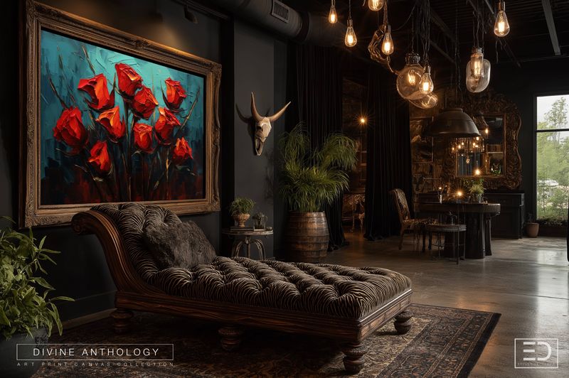 Roses Against the Teal, Burnt Orange and Deep Red, Original Art Canvas Print