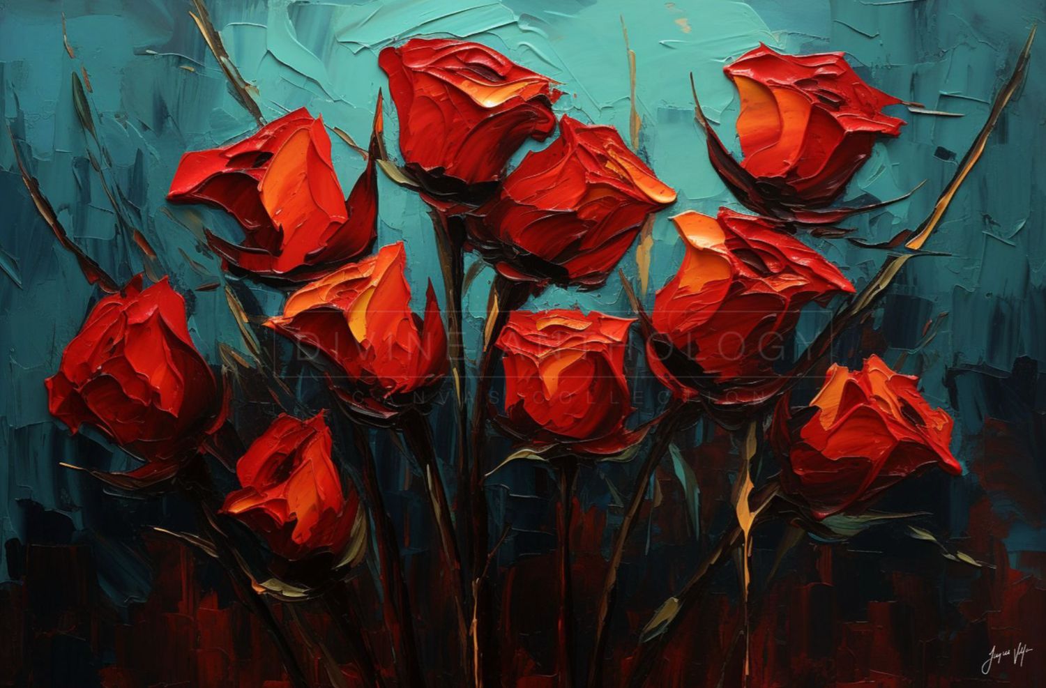 Roses Against the Teal, Burnt Orange and Deep Red, Original Art Canvas Print