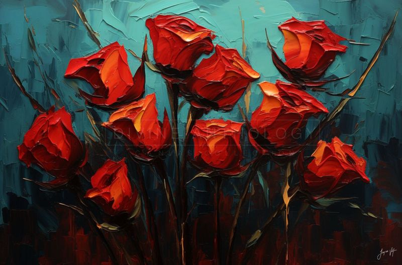 Roses Against the Teal, Burnt Orange and Deep Red, Original Art Canvas Print