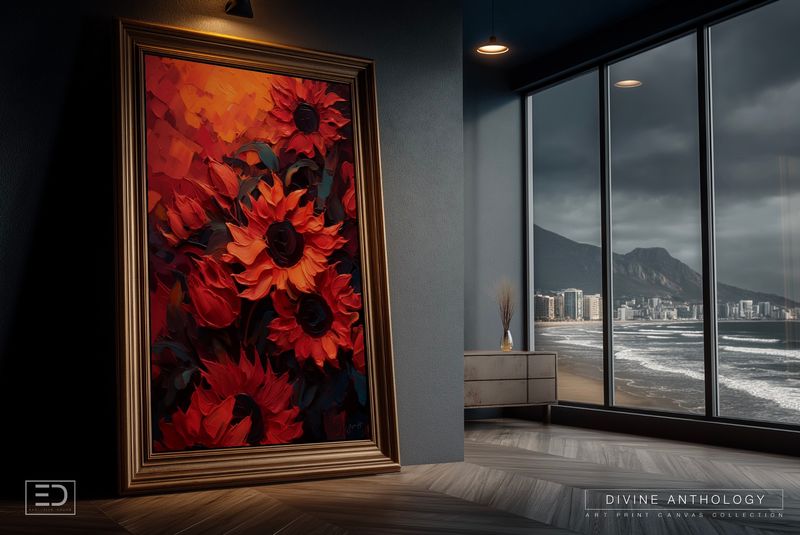 Sunflowers at Full Burn, Vermilion and Deep Ochre, Original Art Canvas Print