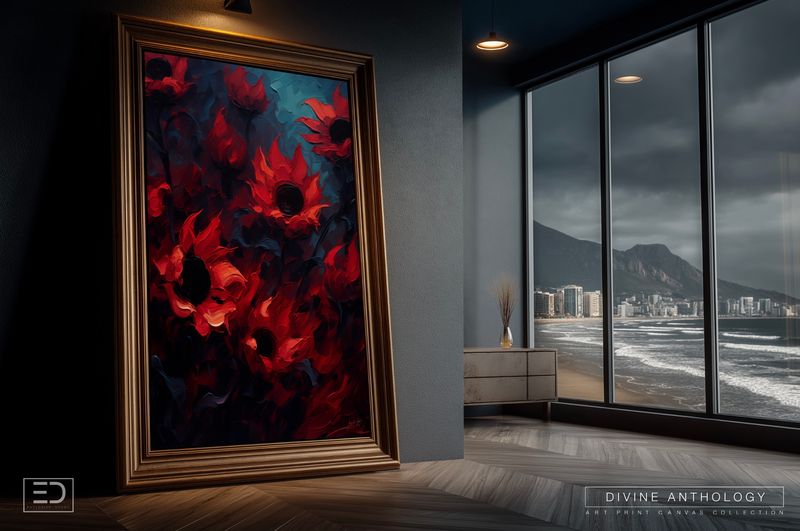Sunflowers on Black &amp; Teal, Deep Red and Rust, Original Art Canvas Print