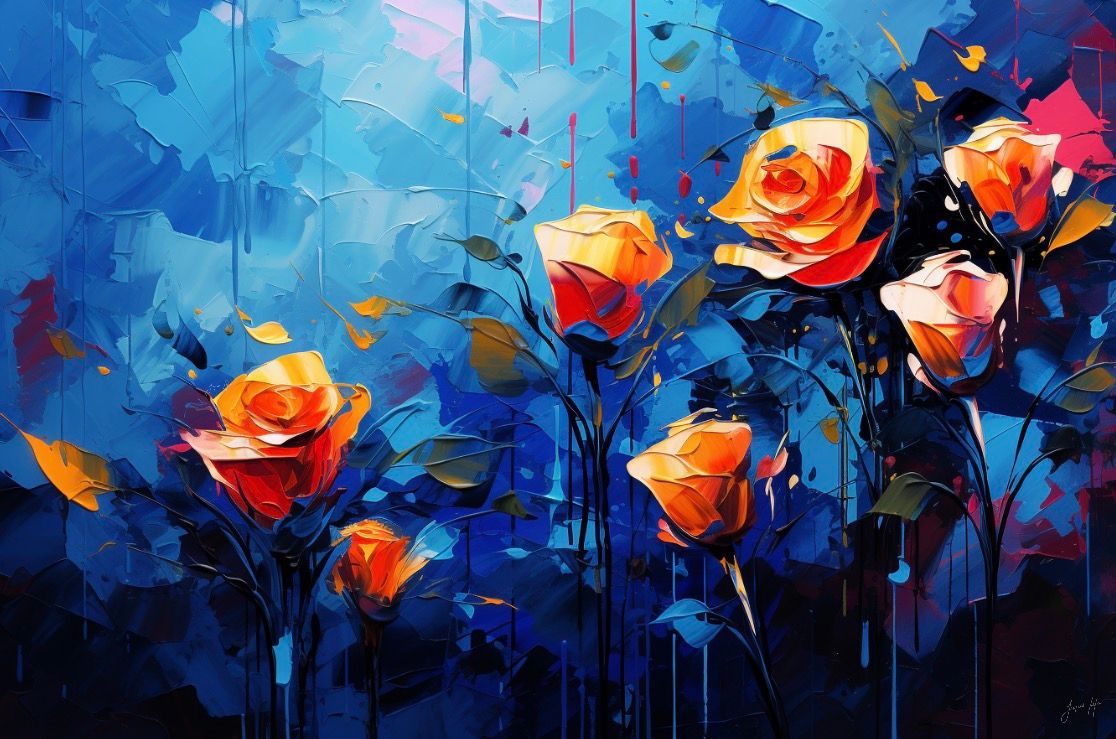 Roses in the Rain, Deep Orange and Indigo, Original Art Canvas Print