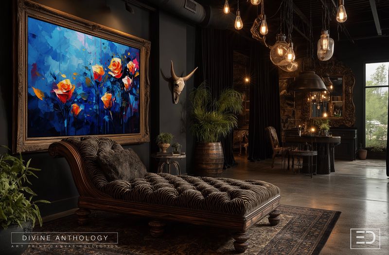 Roses in the Rain, Deep Orange and Indigo, Original Art Canvas Print
