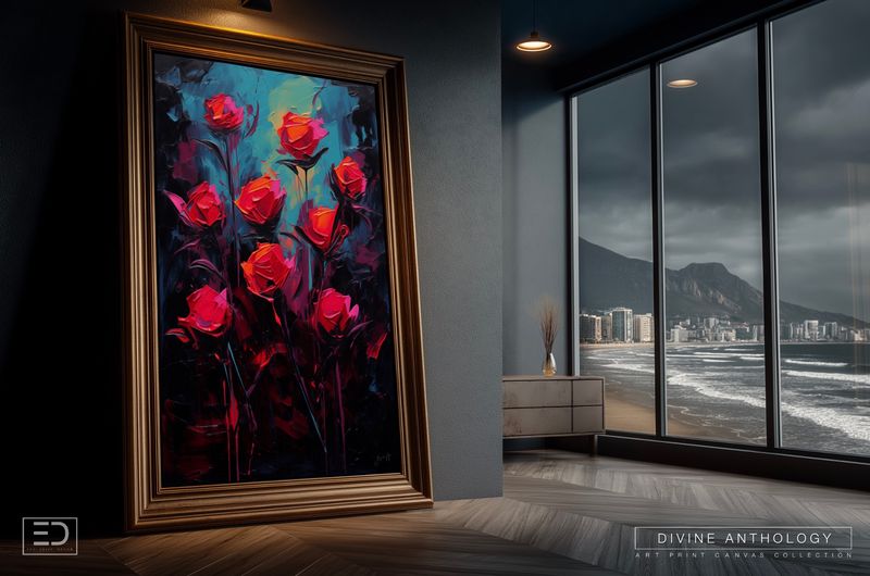 Roses at Full Contrast, Vermilion and Deep Teal, Original Art Canvas Print