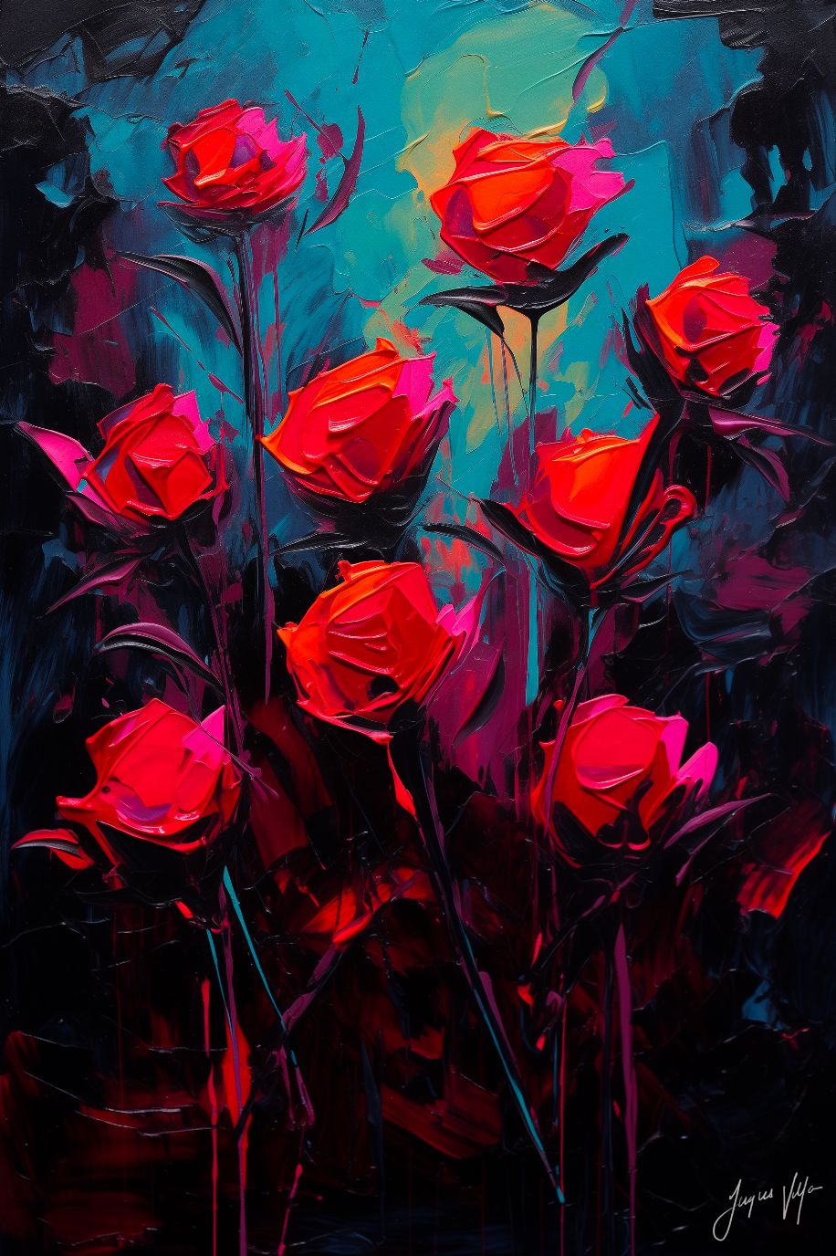 Roses at Full Contrast, Vermilion and Deep Teal, Original Art Canvas Print