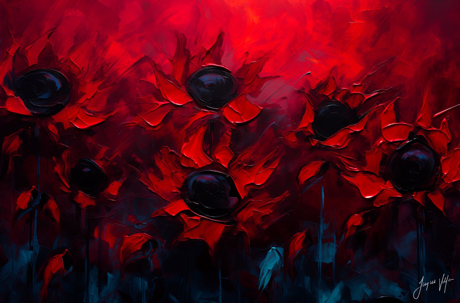 A Field of Susans, Deep Red and Near-Black, Original Art Canvas Print