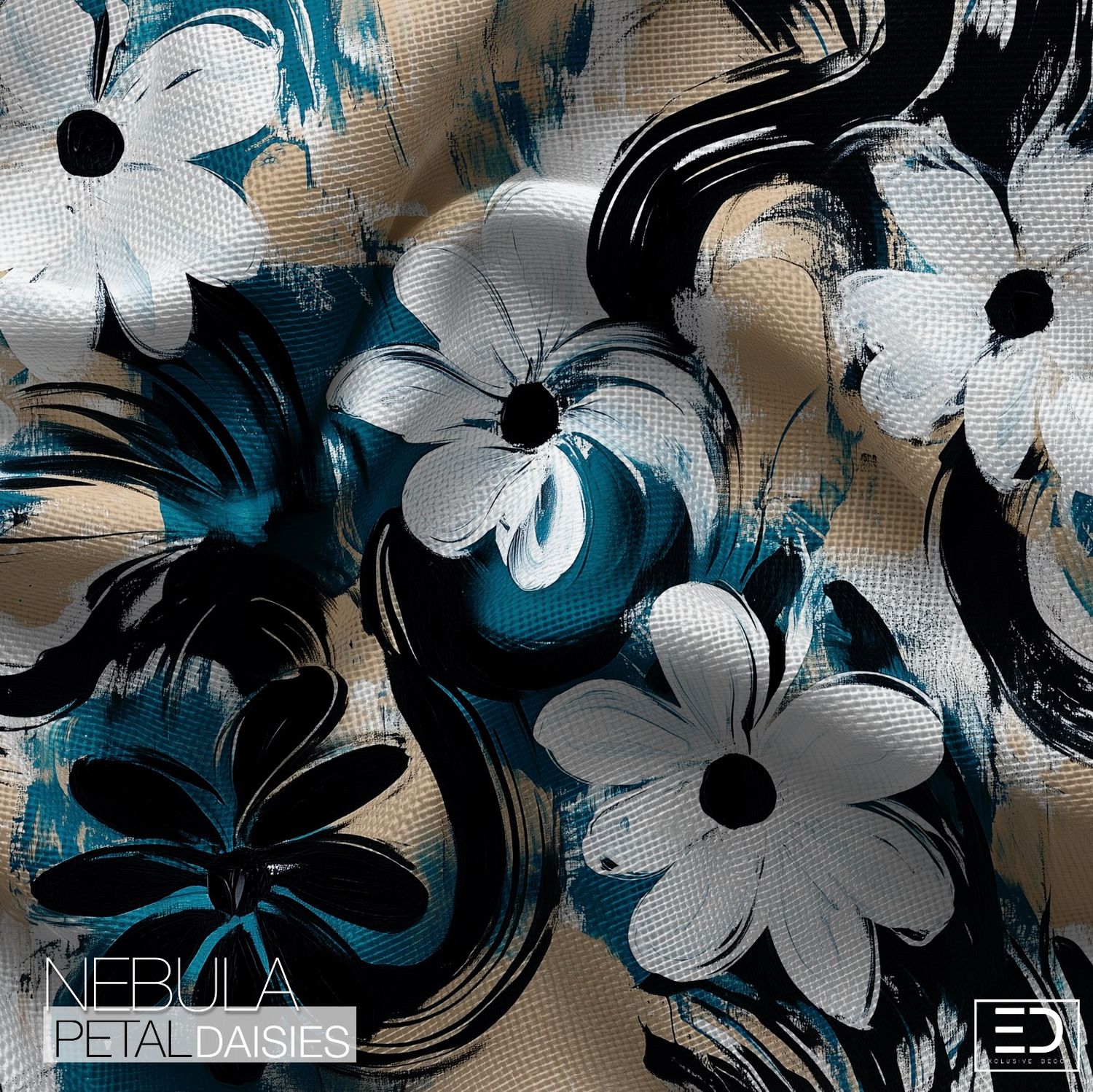 Nebula Petal Daisies Fabric: Teal, Sand &amp; Black | The Independents Collection