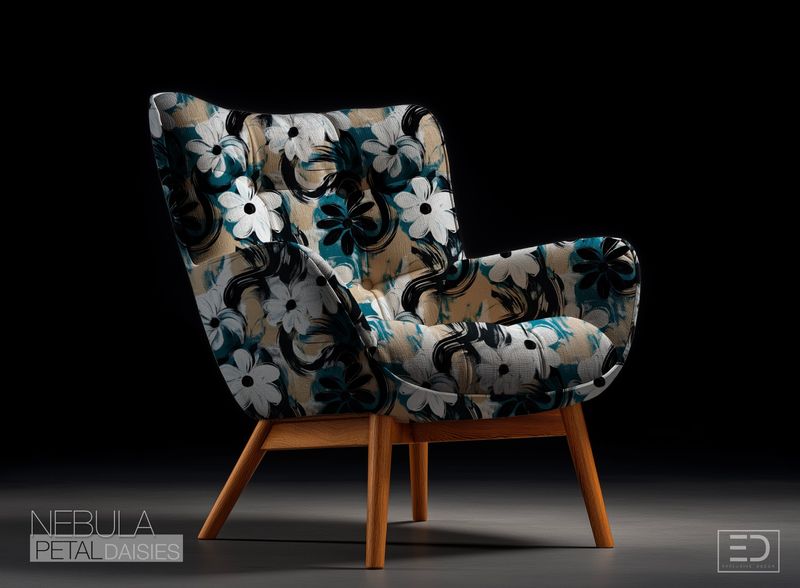 Nebula Petal Daisies Fabric: Teal, Sand &amp; Black | The Independents Collection