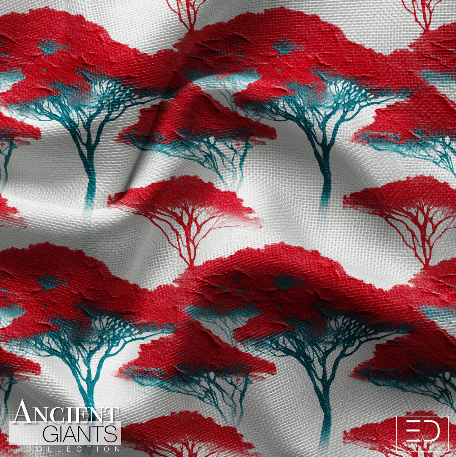 Vigil Tree Canopy Fabric: Deep Red, Teal &amp; White | Ancient Giants Collection