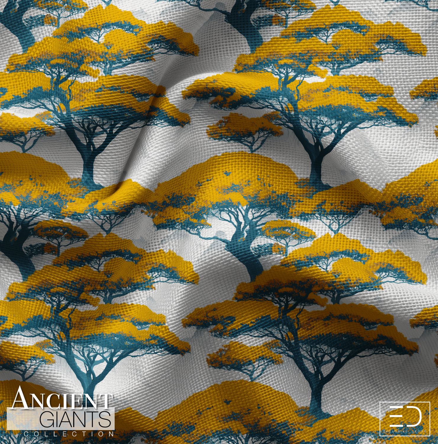 Heartwood Tiered Tree Fabric: Mustard, Teal &amp; Pale Grey | Ancient Giants Collection