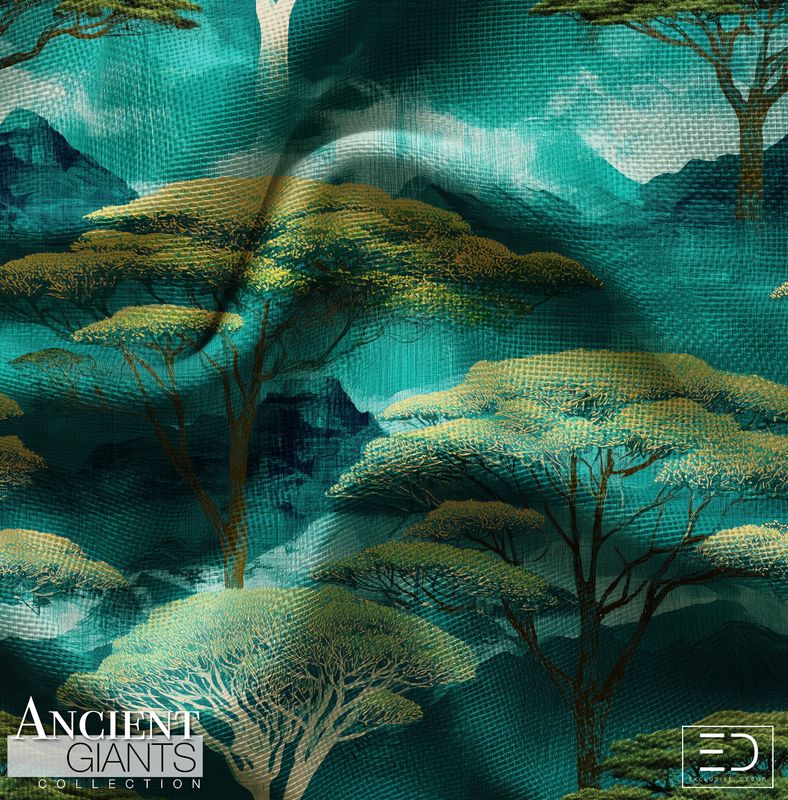 Old Growth Forest Tree Fabric: Deep Teal, Olive Green &amp; Cream | Ancient Giants Collection