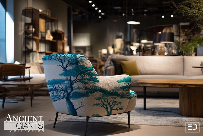 Stillness Mountain Tree Fabric: Sky Blue, Navy &amp; Pale Grey | Ancient Giants Collection