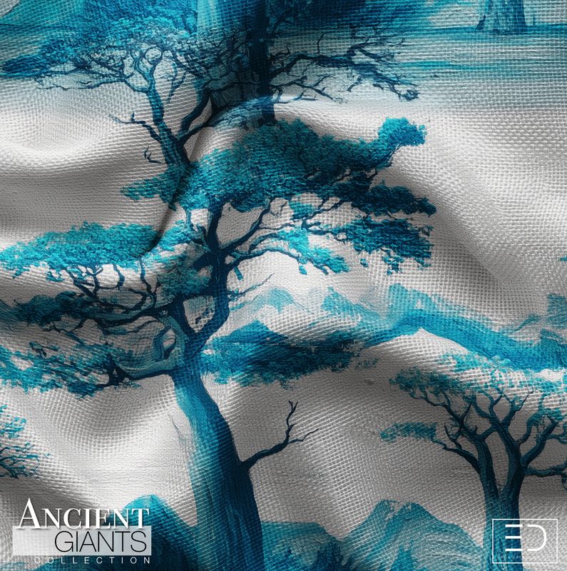 Stillness Mountain Tree Fabric: Sky Blue, Navy &amp; Pale Grey | Ancient Giants Collection