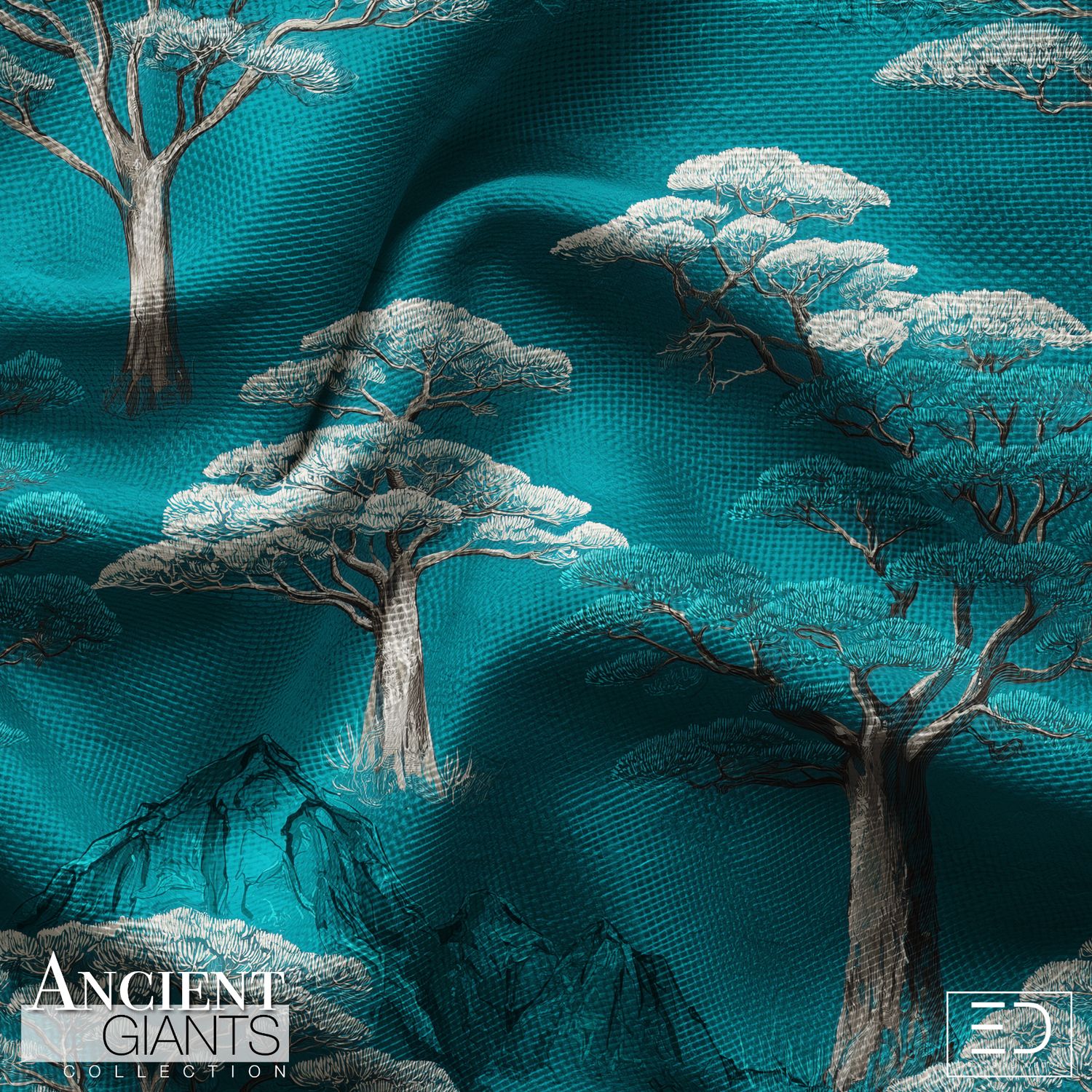 Lantern Grove Night Tree Fabric: Deep Teal, Cream &amp; Blue | Ancient Giants Collection