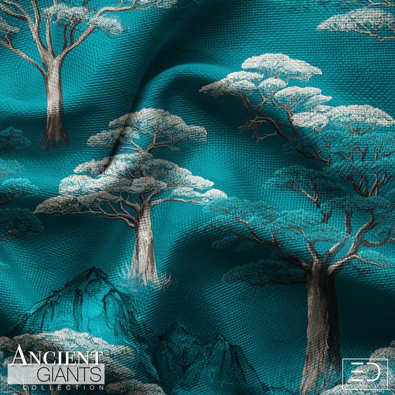 Lantern Grove Night Tree Fabric: Deep Teal, Cream &amp; Blue | Ancient Giants Collection