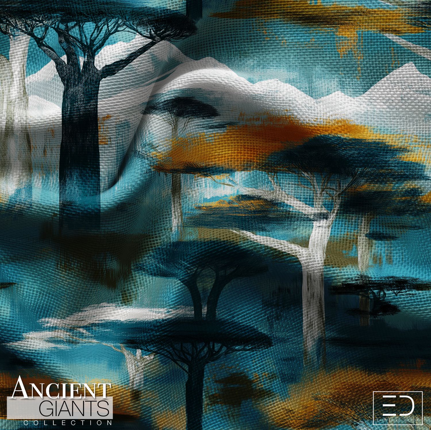 Snowline Winter Tree Fabric: Teal, Navy &amp; Mustard | Ancient Giants Collection
