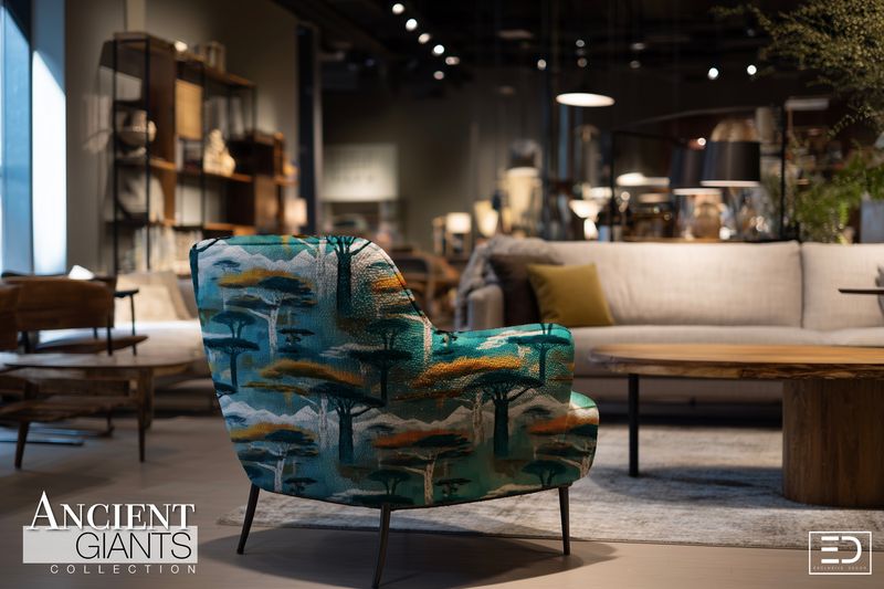 Snowline Winter Tree Fabric: Teal, Navy &amp; Mustard | Ancient Giants Collection