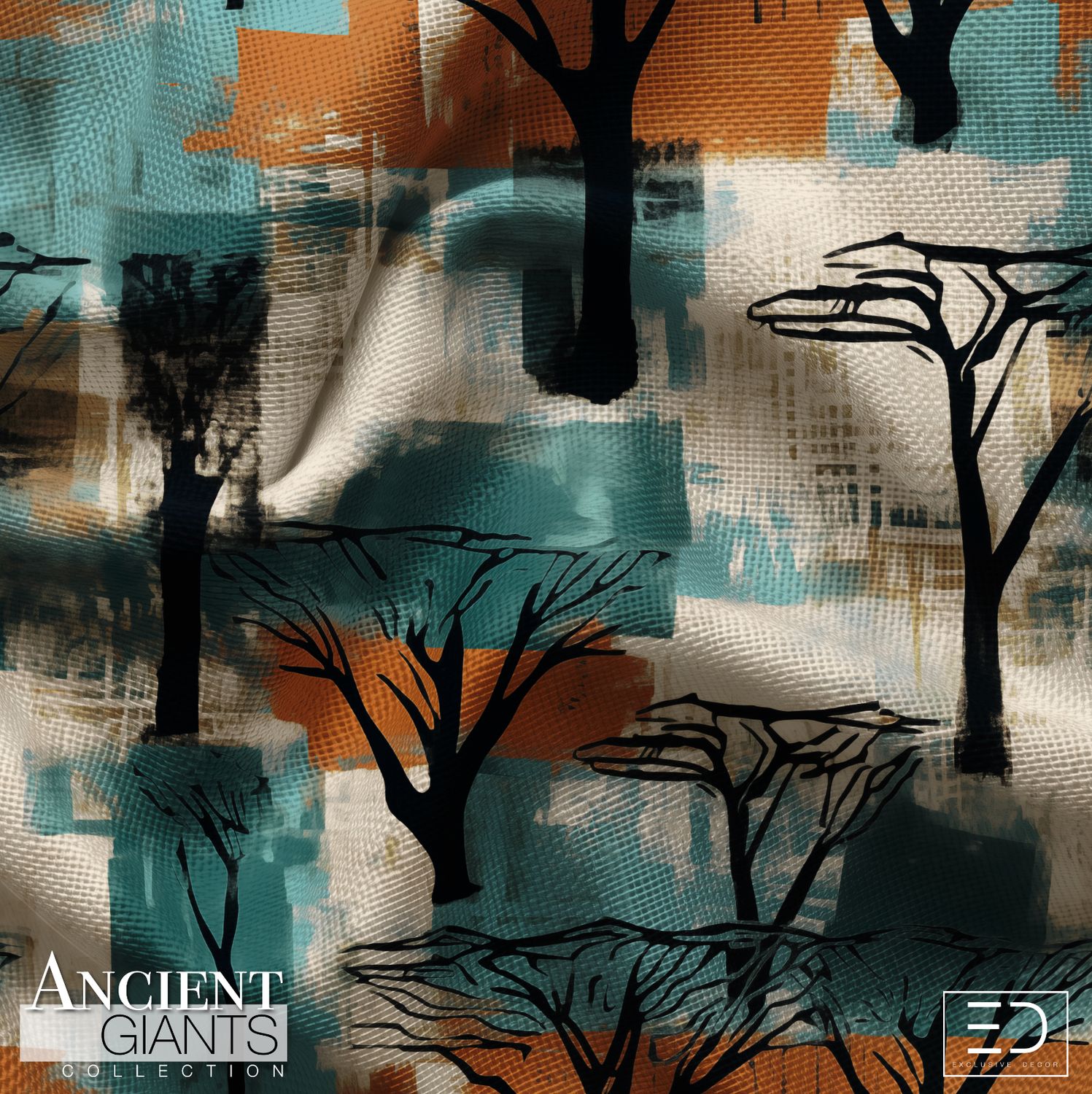 Blackthorn Tree Silhouette Fabric: Black, Rust &amp; Teal | Ancient Giants Collection