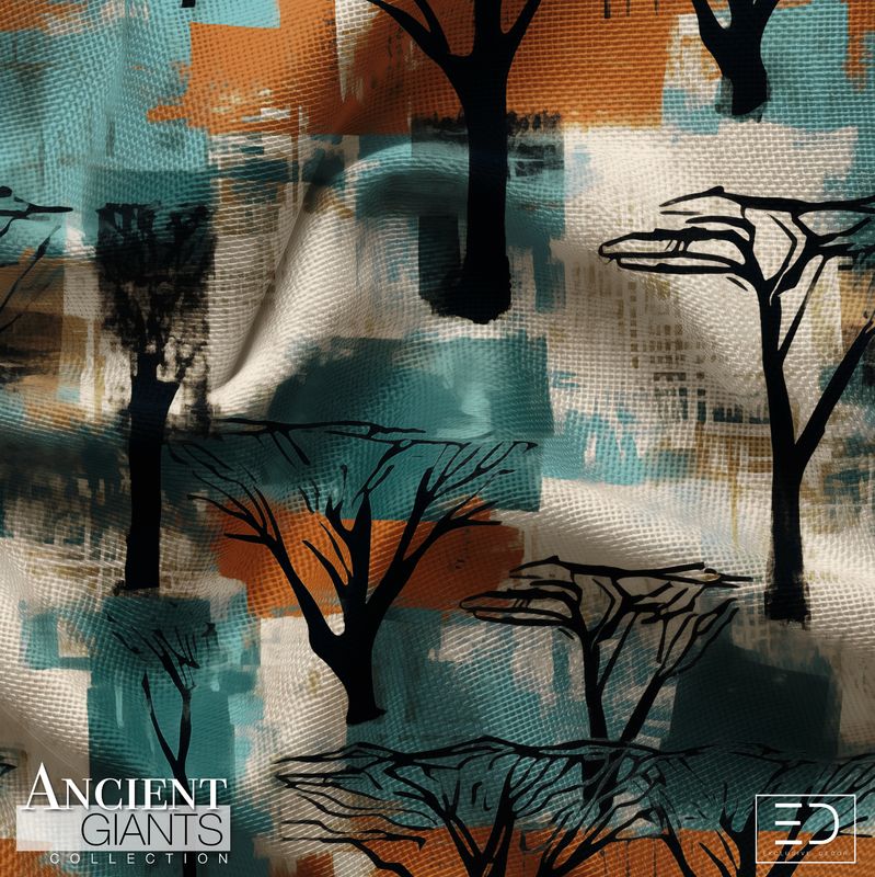 Blackthorn Tree Silhouette Fabric: Black, Rust &amp; Teal | Ancient Giants Collection