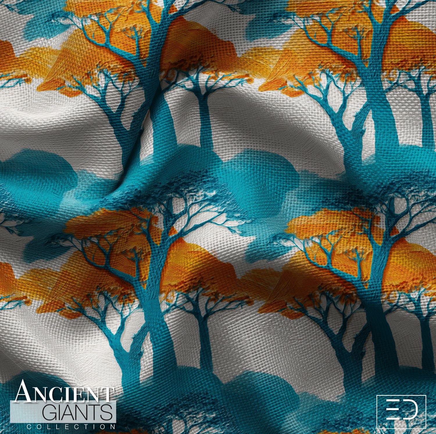 Long Shade Autumn Tree Fabric: Burnt Orange, Teal &amp; Off-White | Ancient Giants Collection