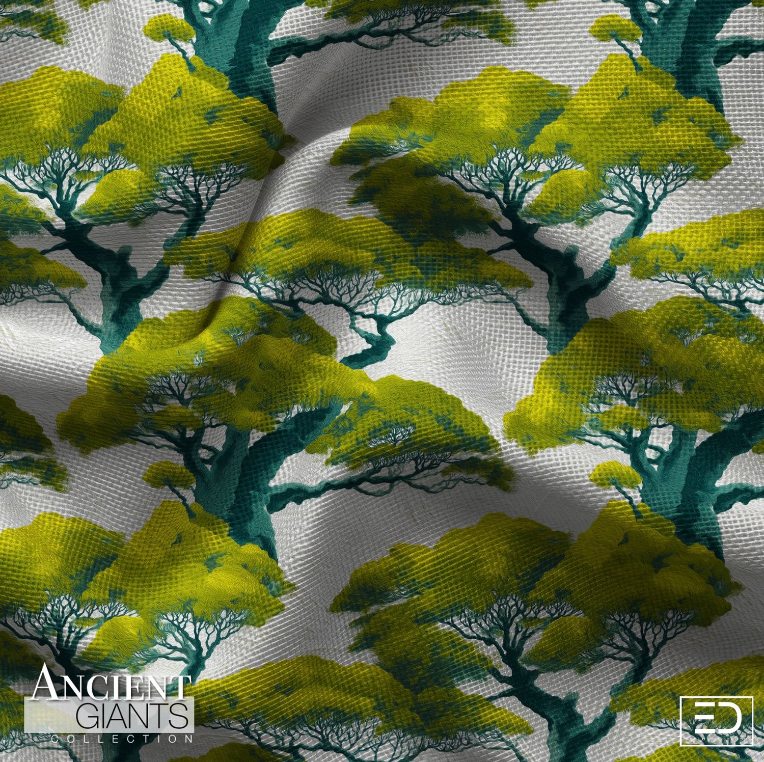 Warden Gnarled Tree Fabric: Lime Green, Teal &amp; Off-White | Ancient Giants Collection