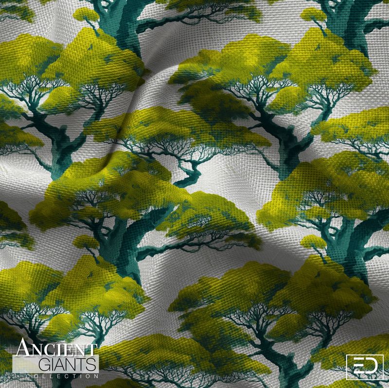 Warden Gnarled Tree Fabric: Lime Green, Teal &amp; Off-White | Ancient Giants Collection