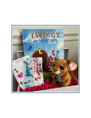 Twiggy and the Lost Socks Gift Bundle. This gift bundle for boys and girls will be treasured for years to come. Give the gift of reading to a child or new parent in your life. The gift set includes a children's book about an adventurous squirrel (signed hardcopy), a stuffed Twiggy squirrel, a variety set of Twiggy stickers, and a set of pink and blue Twiggy bookmarks with tassels.