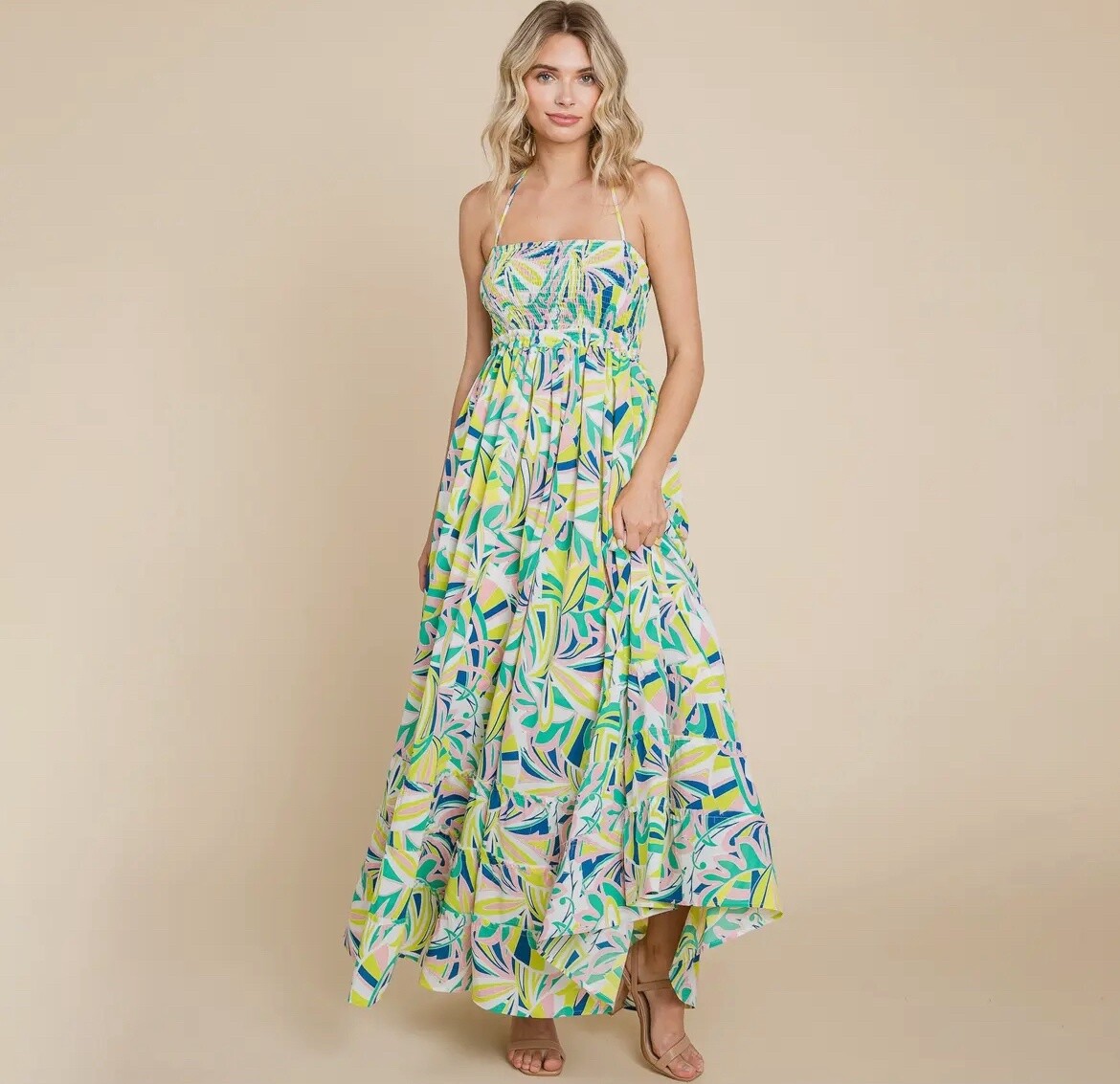 Floral Shirred Bodice Haltered Cami Maxi Sun Dress - Lemon, Size: S