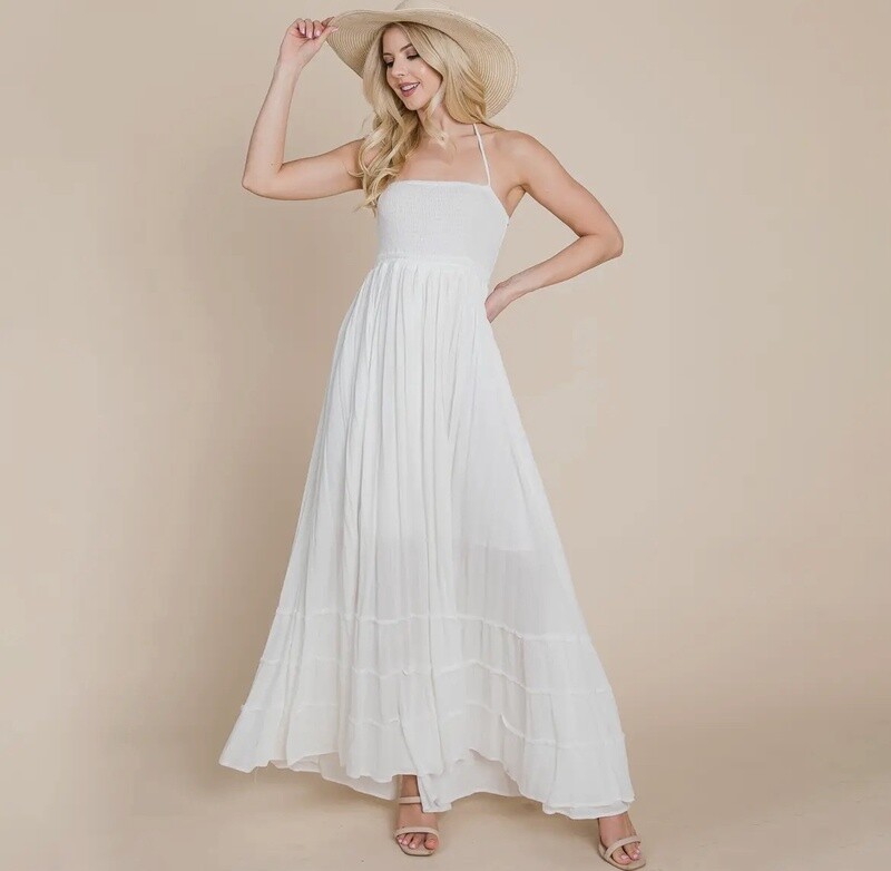 Smocked Flowy Boho Pleated Backless Maxi Dress Cream