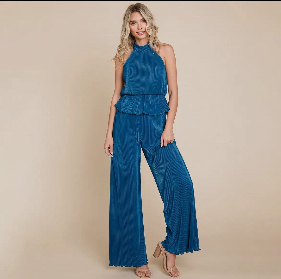 Pleated Backless Halter Tank &amp; Wide Leg Pants Set, Color: Blue, Size: S