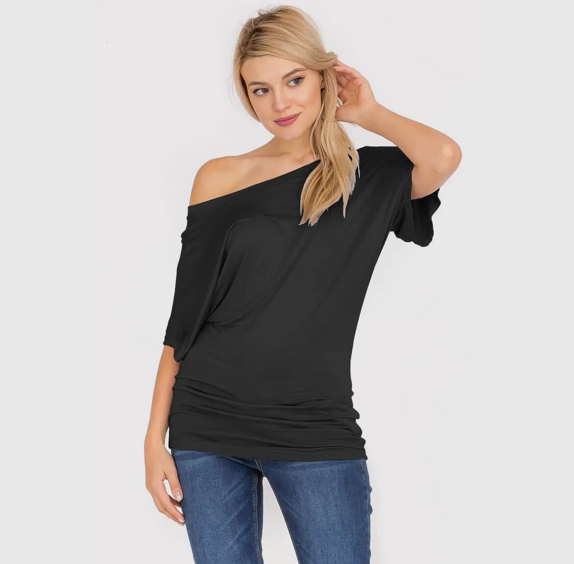 Soft Knit Boat Neck Short Sleeve Dolman Tunic Top, Color: Black, Size: S (4/6)