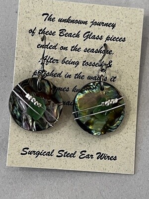 Sea Glass on Abalone Shell Earrings, Color: Green