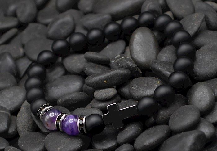 Bracelet Black Bead / Amethyst Cross Eden Merry