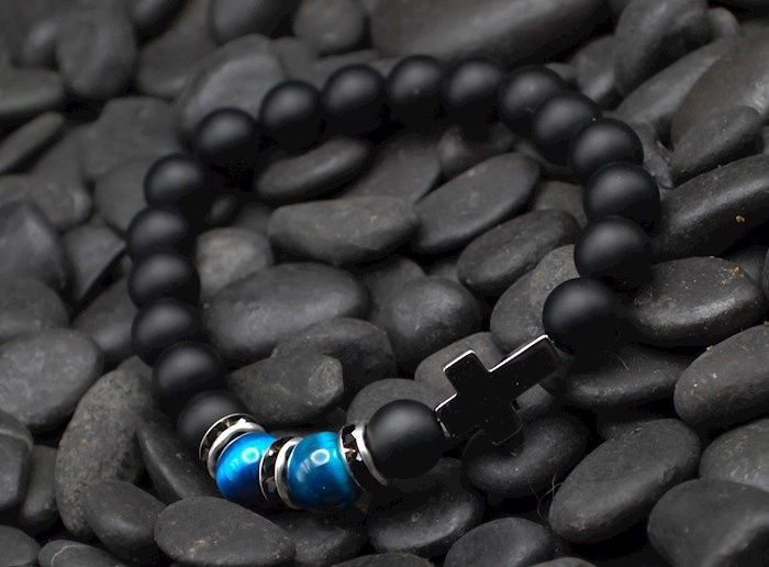 Black Bracelet - Blue Tiger Eye with Cross
