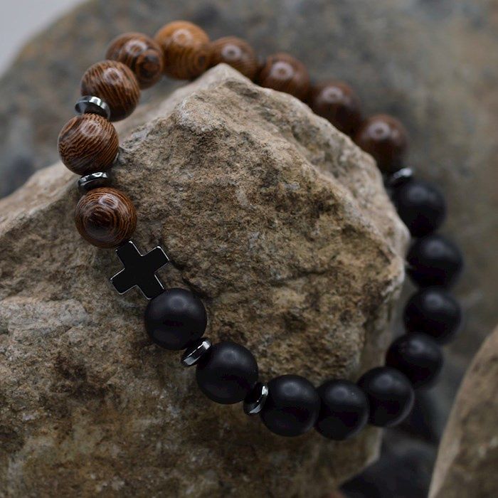 Wood and Black Onyx Cross Bracelet