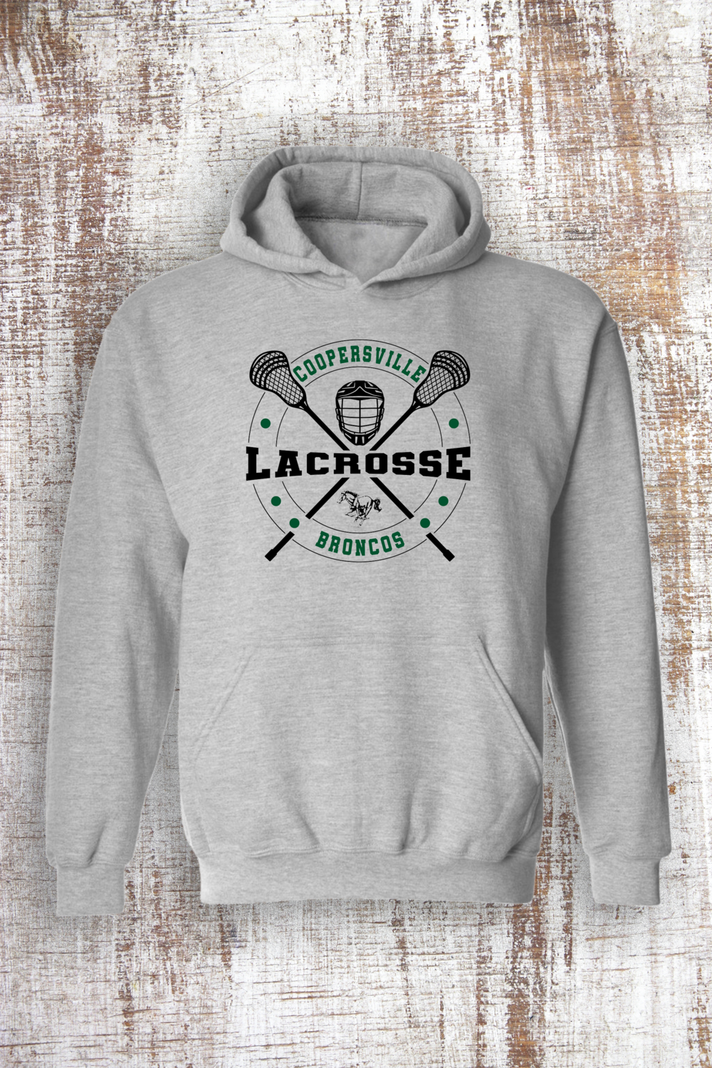 Coopersville Lacrosse Cross Sticks Sweatshirt - hooded and crew, Color: Sport Grey, Sweatshirt Style: Hooded